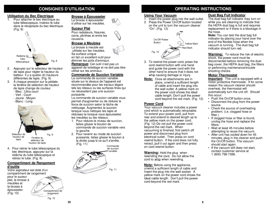 Shark EP754 Utilisation du Bec Électrique, Compartiment de Rangement doutils, Brosse à Épousseter, Suceur Plat, Power Cord 