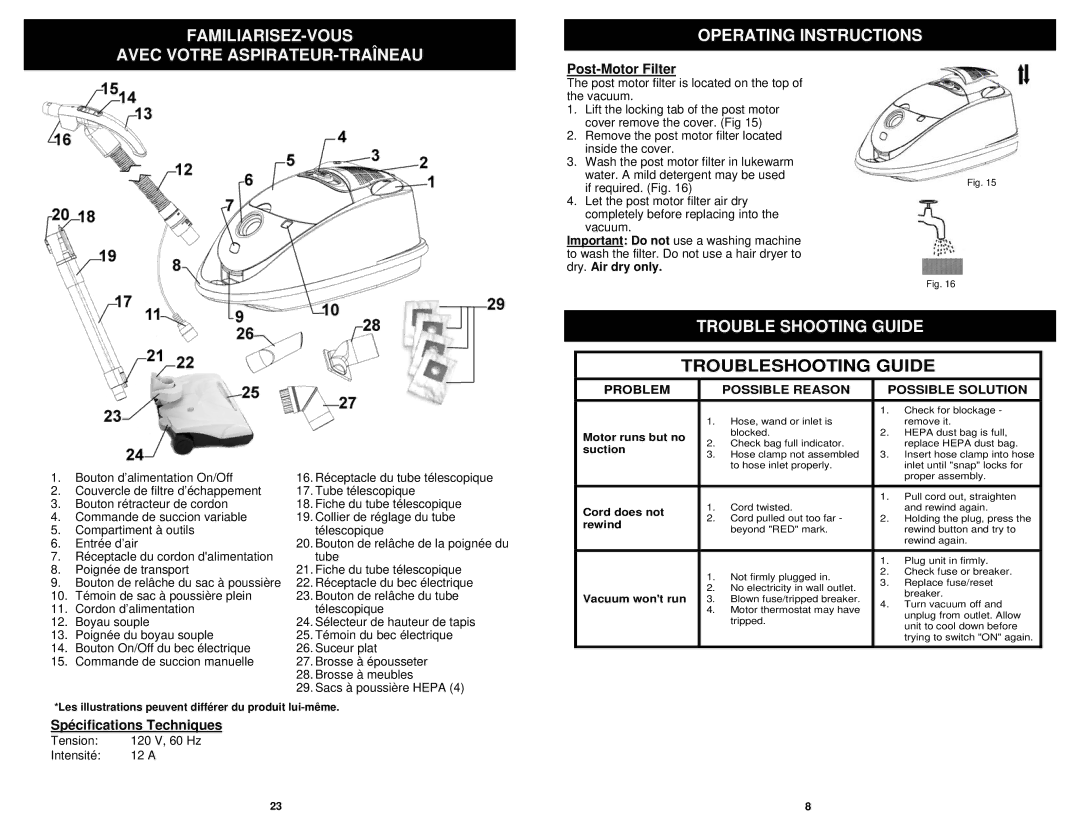 Shark EP754 owner manual Trouble Shooting Guide, Post-Motor Filter, Spécifications Techniques 