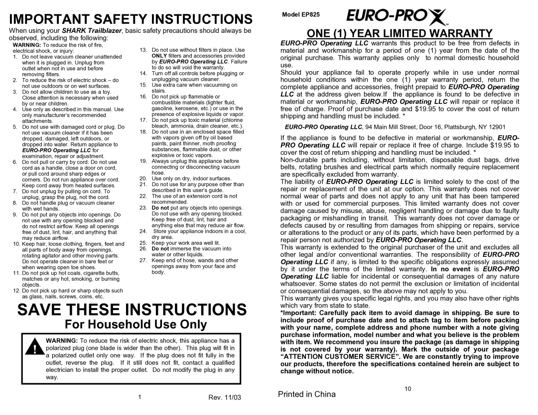 Shark owner manual Important Safety Instructions, Model EP825 