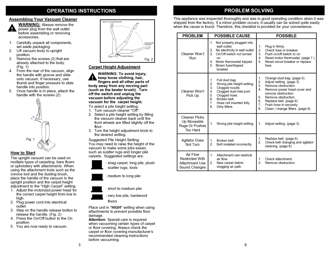 Shark EP825 Operating Instructions Problem Solving, Assembling Your Vacuum Cleaner, How to Start, Carpet Height Adjustment 