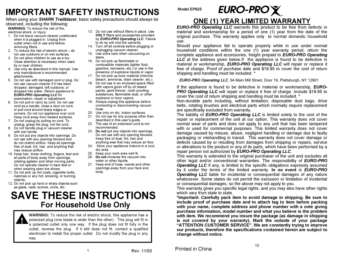 Shark EP825 Save These Instructions, Important Safety Instructions, For Household Use Only, ONE 1 YEAR LIMITED WARRANTY 