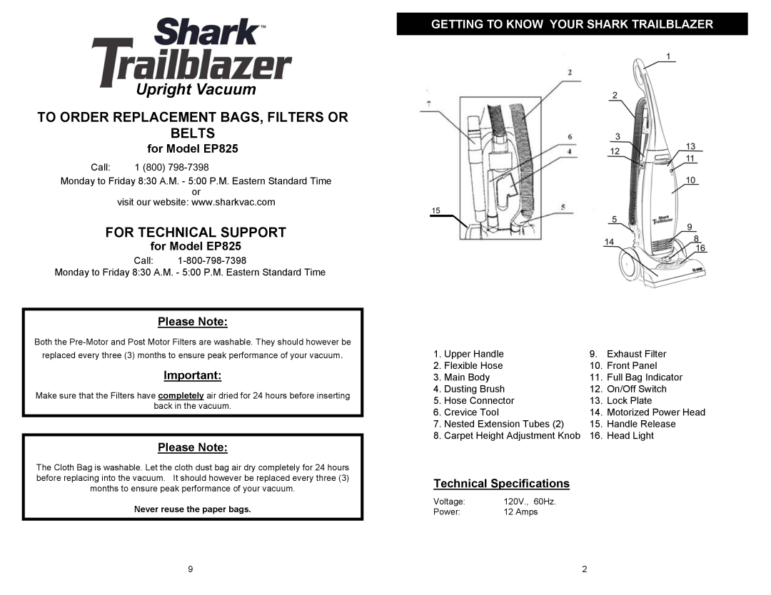Shark EP825 To Order Replacement Bags, Filters Or Belts, For Technical Support, Getting To Know Your Shark Trailblazer 