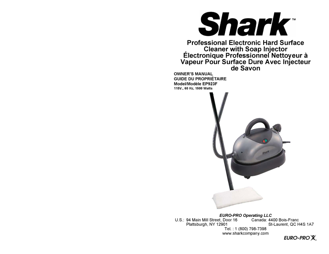 Shark owner manual Model/Modèle EP923F, EURO-PRO Operating LLC 