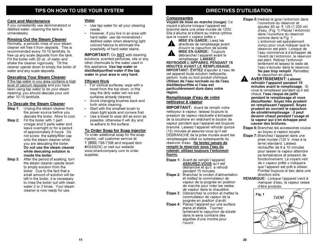 Shark EP923F owner manual Tips on HOW to USE Your System Directives D’UTILISATION 