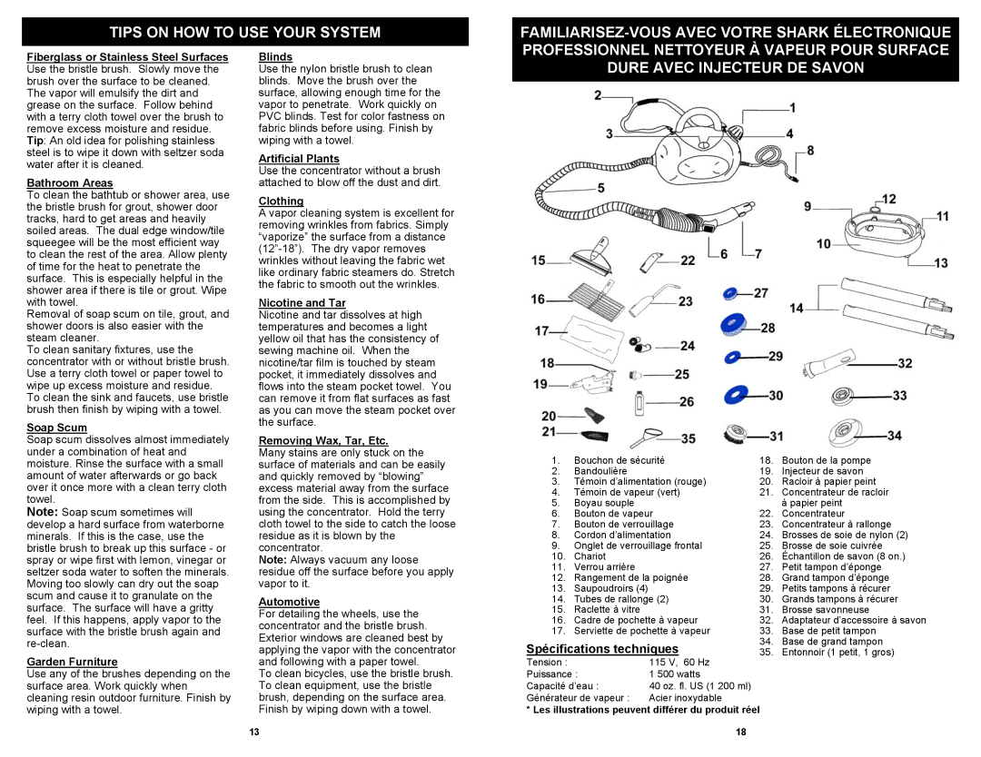 Shark EP923F owner manual Dure Avec Injecteur DE Savon, Spécifications techniques 