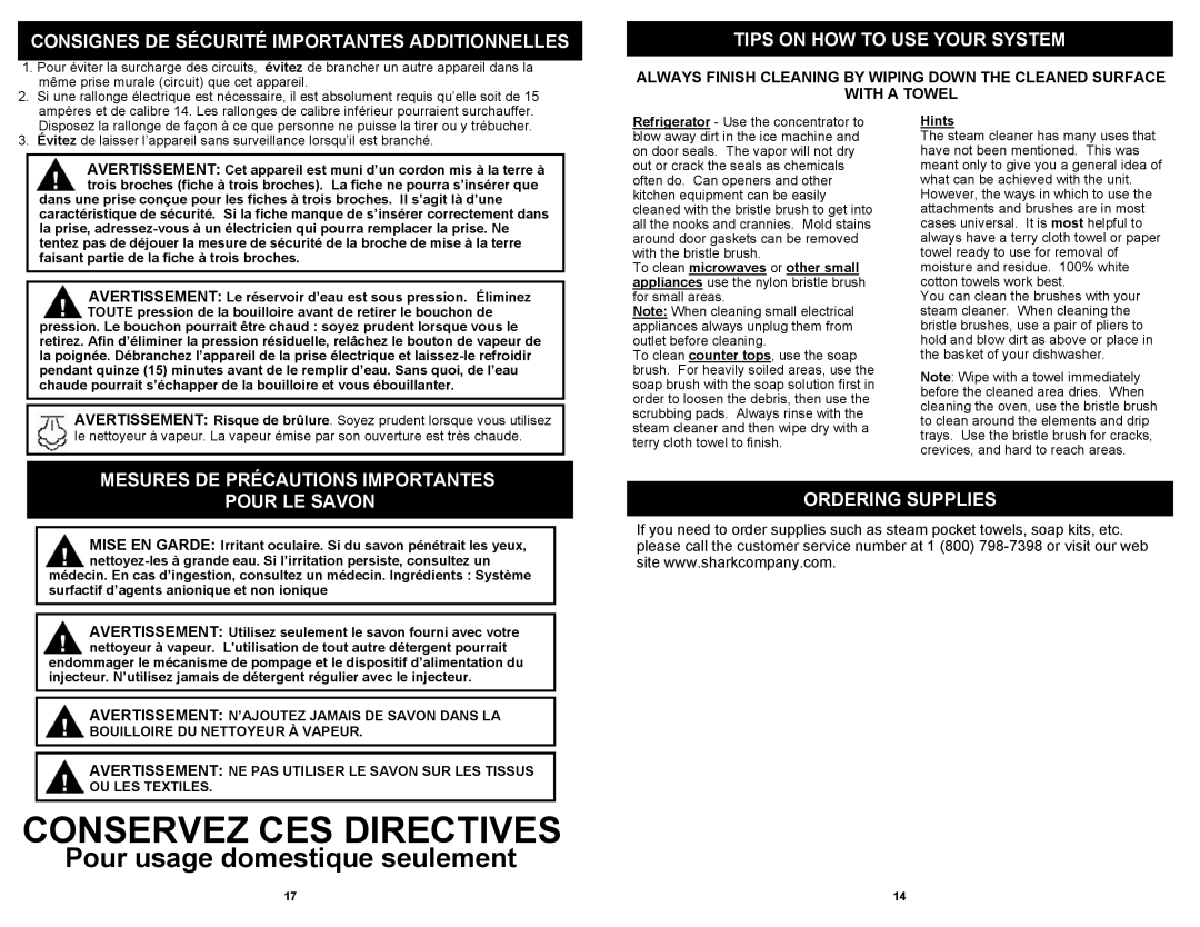 Shark EP923F Consignes DE Sécurité Importantes Additionnelles, Mesures DE Précautions Importantes, Pour LE Savon, Hints 