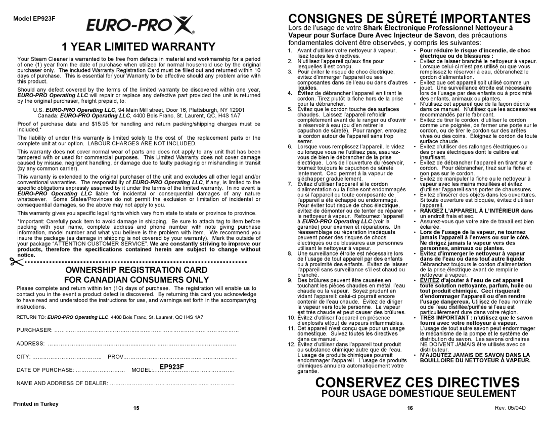 Shark owner manual Consignes DE Sûreté Importantes, Model EP923F 