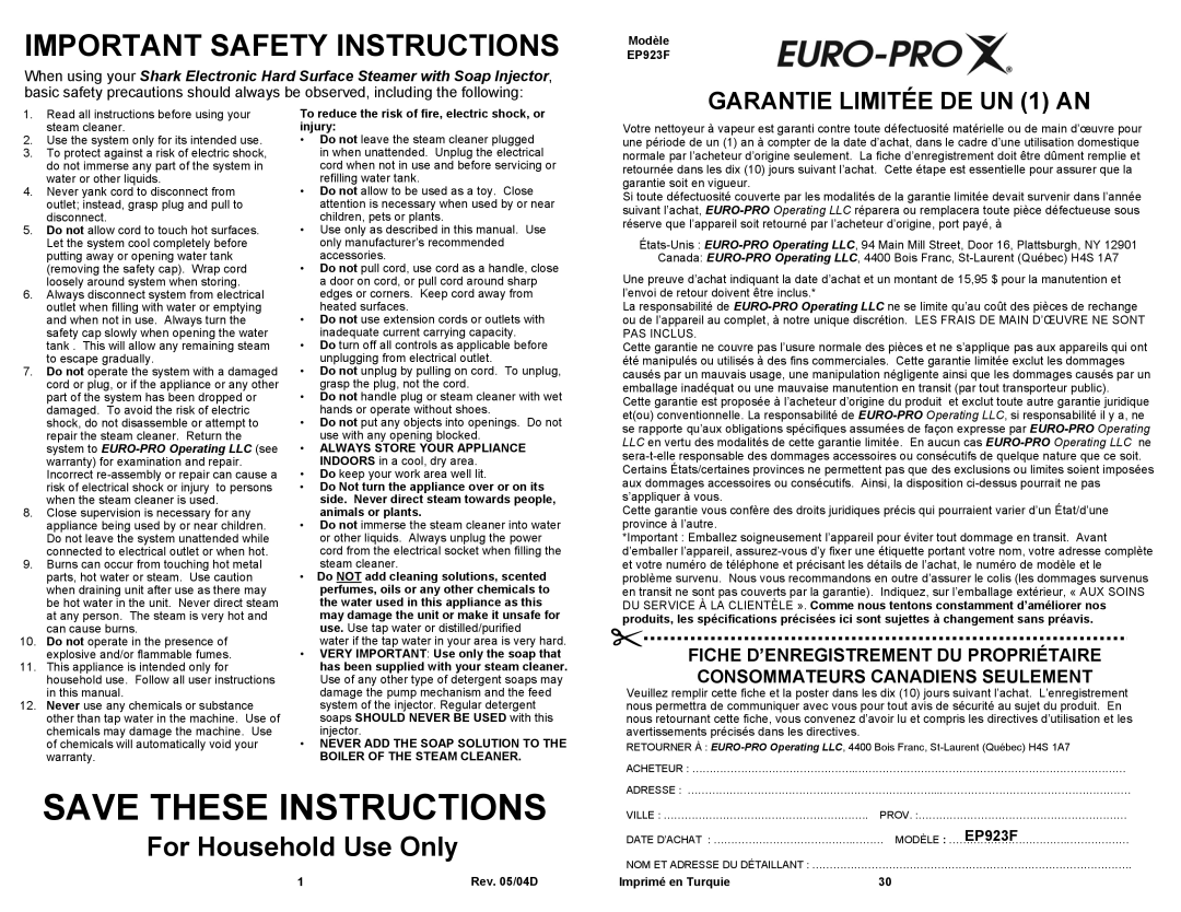 Shark EP923F owner manual Important Safety Instructions 