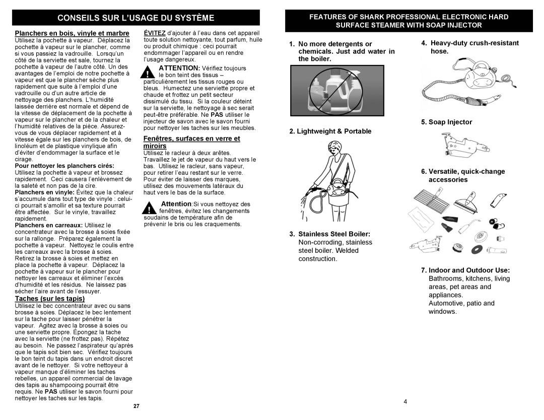 Shark EP923F owner manual Planchers en bois, vinyle et marbre, Taches sur les tapis, Fenêtres, surfaces en verre et miroirs 
