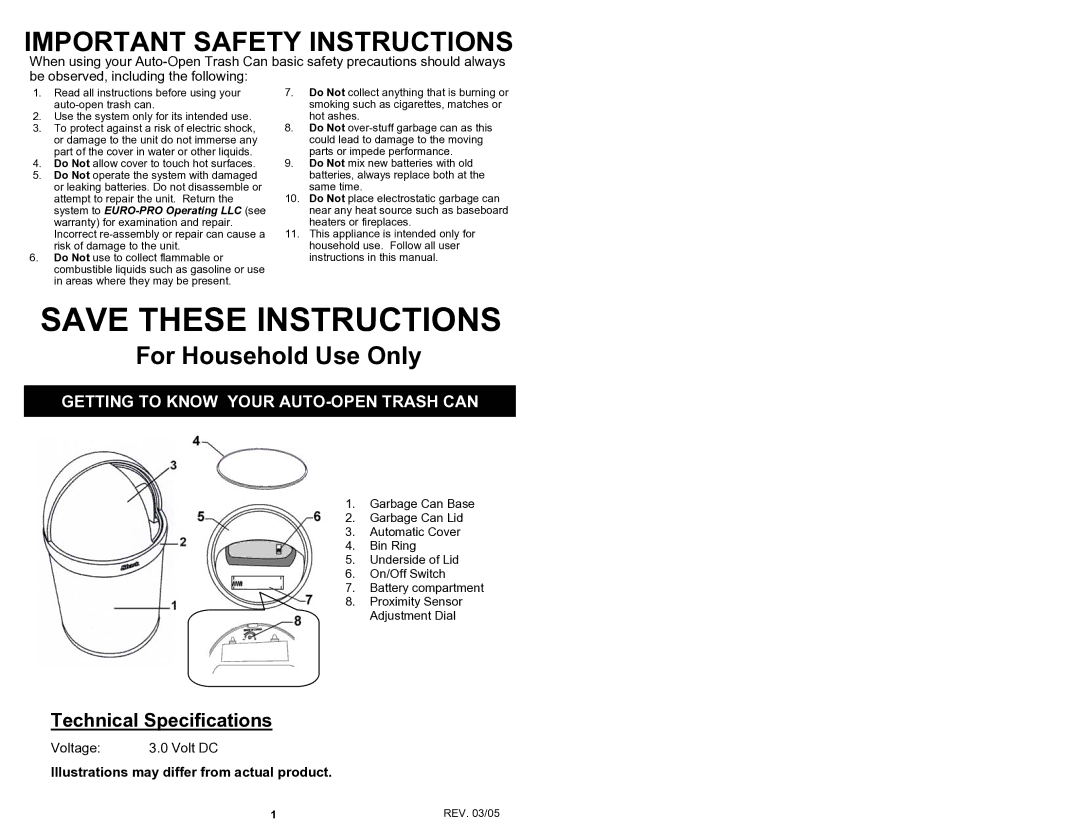 Shark GC610C owner manual Important Safety Instructions, Getting to Know Your AUTO-OPEN Trash can 