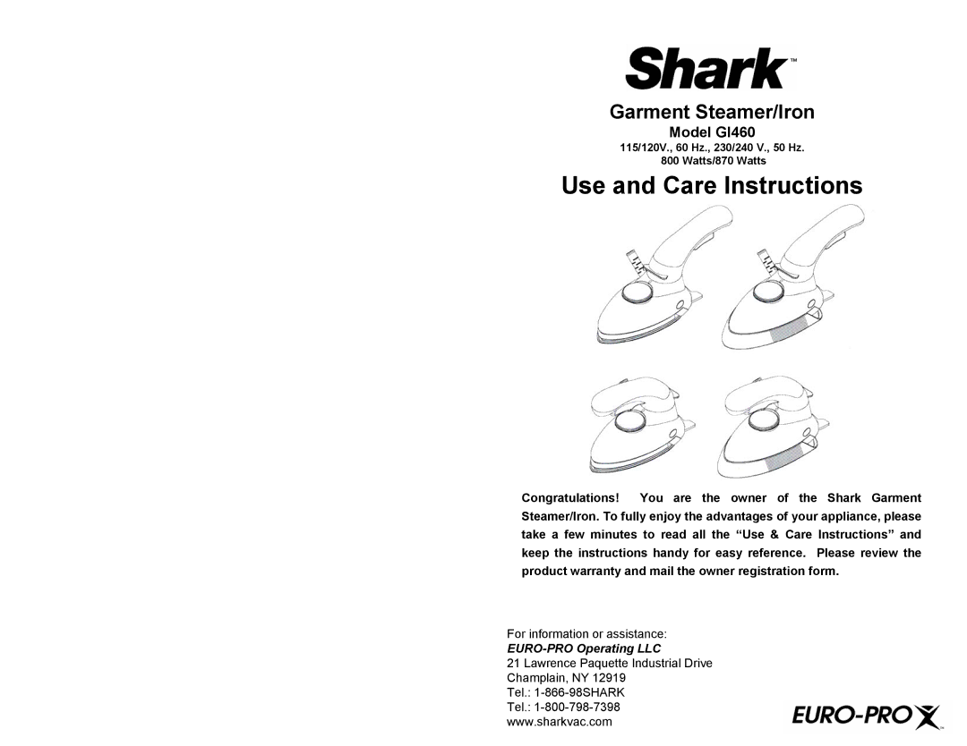 Shark warranty Use and Care Instructions, Model GI460 