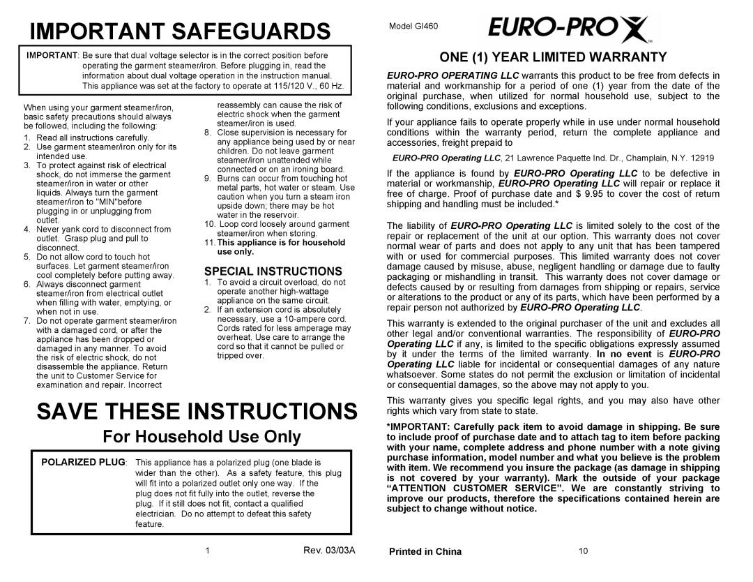 Shark GI460 warranty Important Safeguards, Special Instructions 