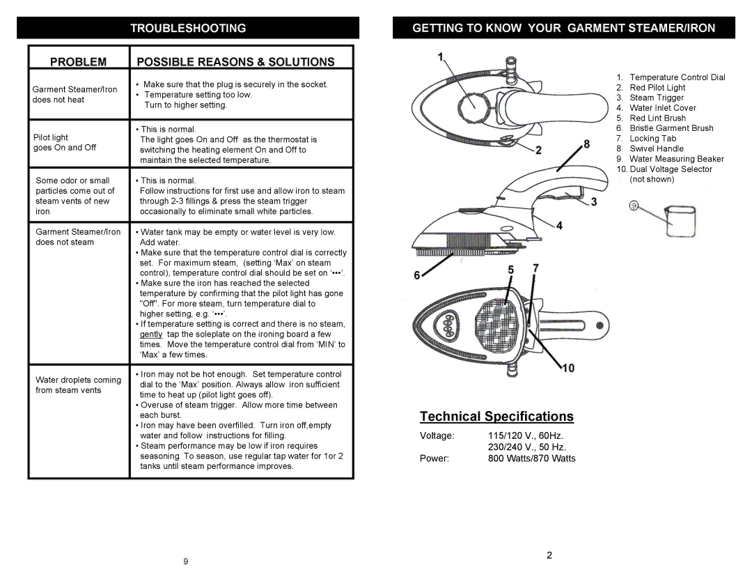 Shark GI460 warranty Troubleshooting, Problem Possible Reasons & Solutions, Getting to Know Your Garment STEAMER/IRON 