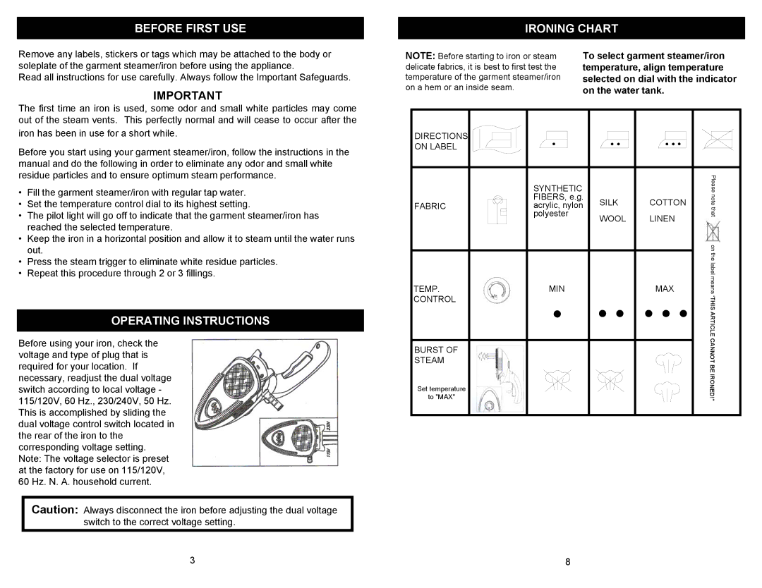 Shark GI460 warranty Before First USE, Operating Instructions, Ironing Chart 