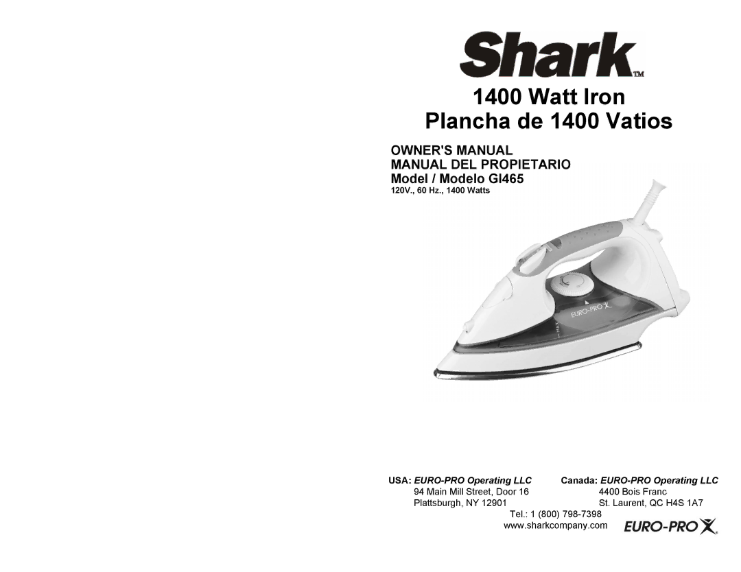 Shark GI465 owner manual Watt Iron Plancha de 1400 Vatios 