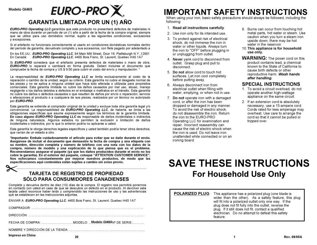 Shark GI465 owner manual Important Safety Instructions, Special Instructions 