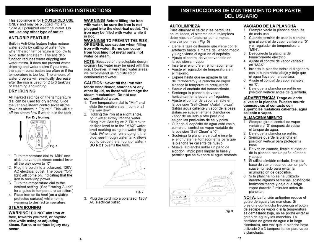 Shark GI465 owner manual ANTI-DRIP Feature, DRY Ironing, Steam Ironing, Autolimpieza, Vaciado DE LA Plancha, Almacenamiento 