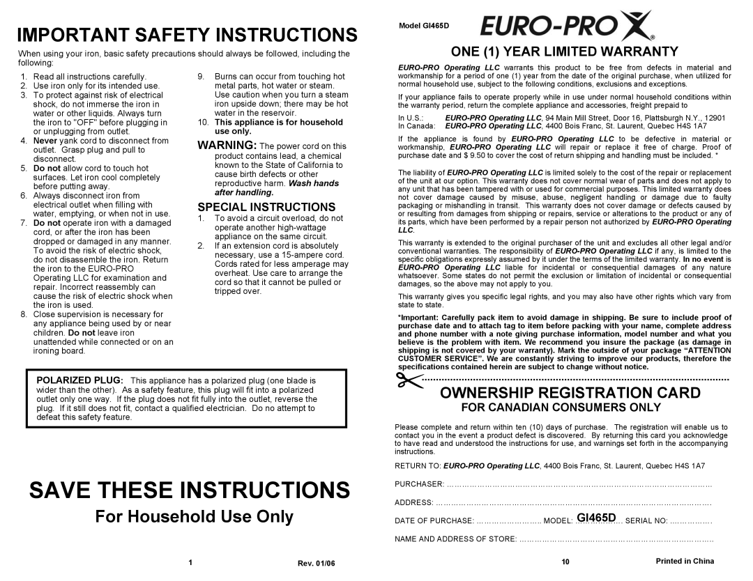 Shark GI465D owner manual Special Instructions, For Canadian Consumers only, This appliance is for household use only 