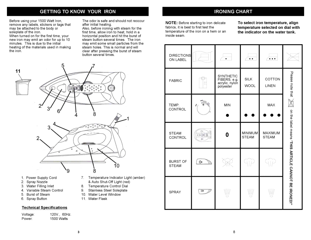 Shark GI465D owner manual Getting to Know Your Iron Ironing Chart, Temperature selected on dial with 