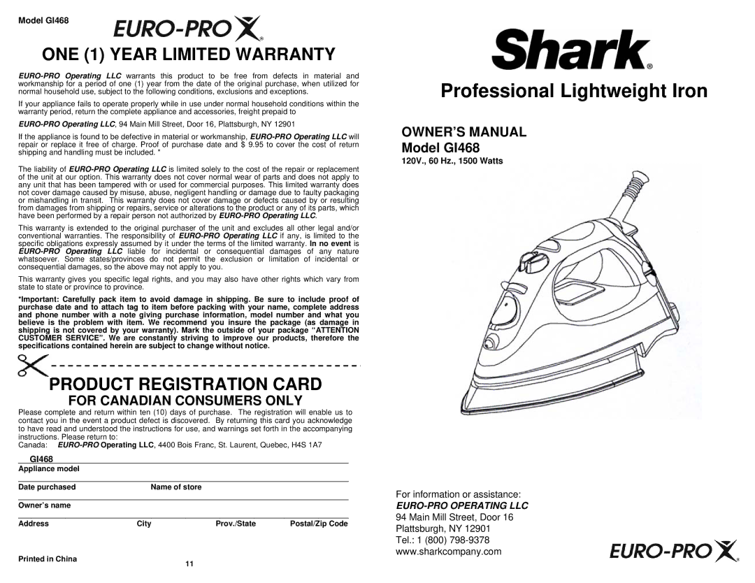 Shark owner manual Model GI468, 120V., 60 Hz., 1500 Watts 