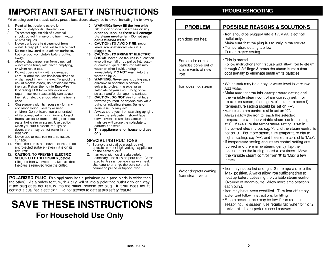 Shark GI468 owner manual Important Safety Instructions, Special Instructions 