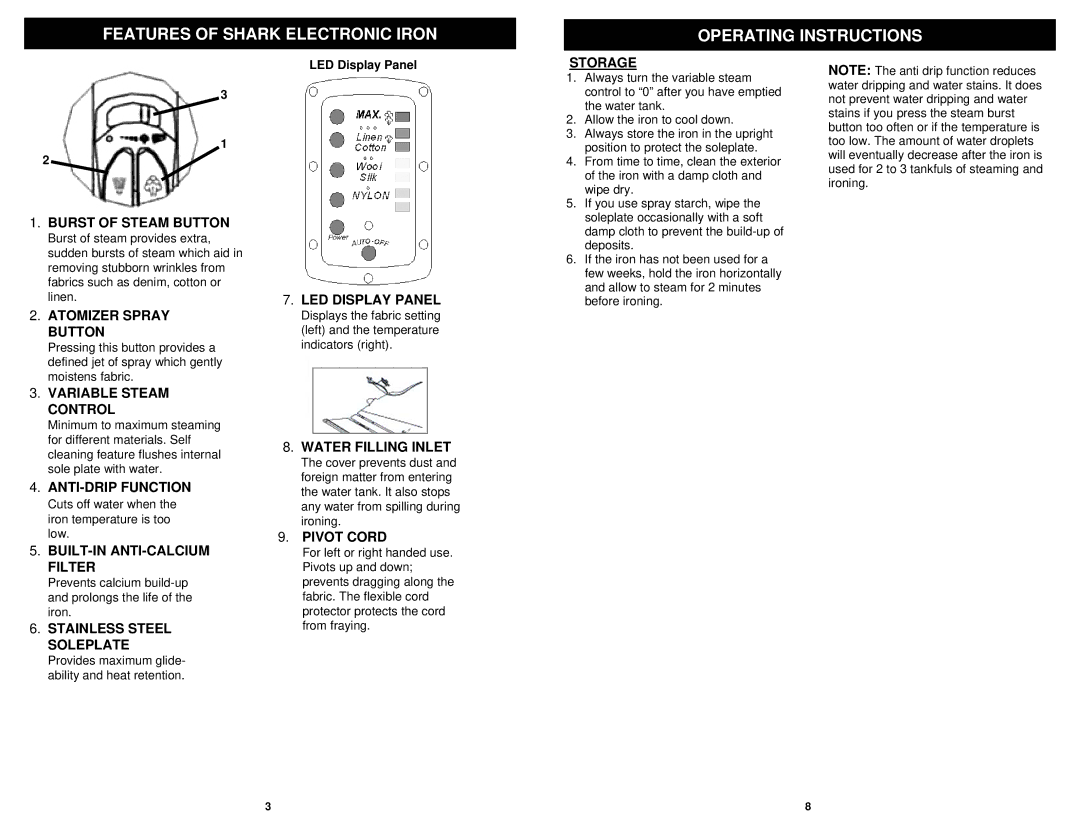 Shark GI468 owner manual Features of Shark Electronic Iron Operating Instructions 