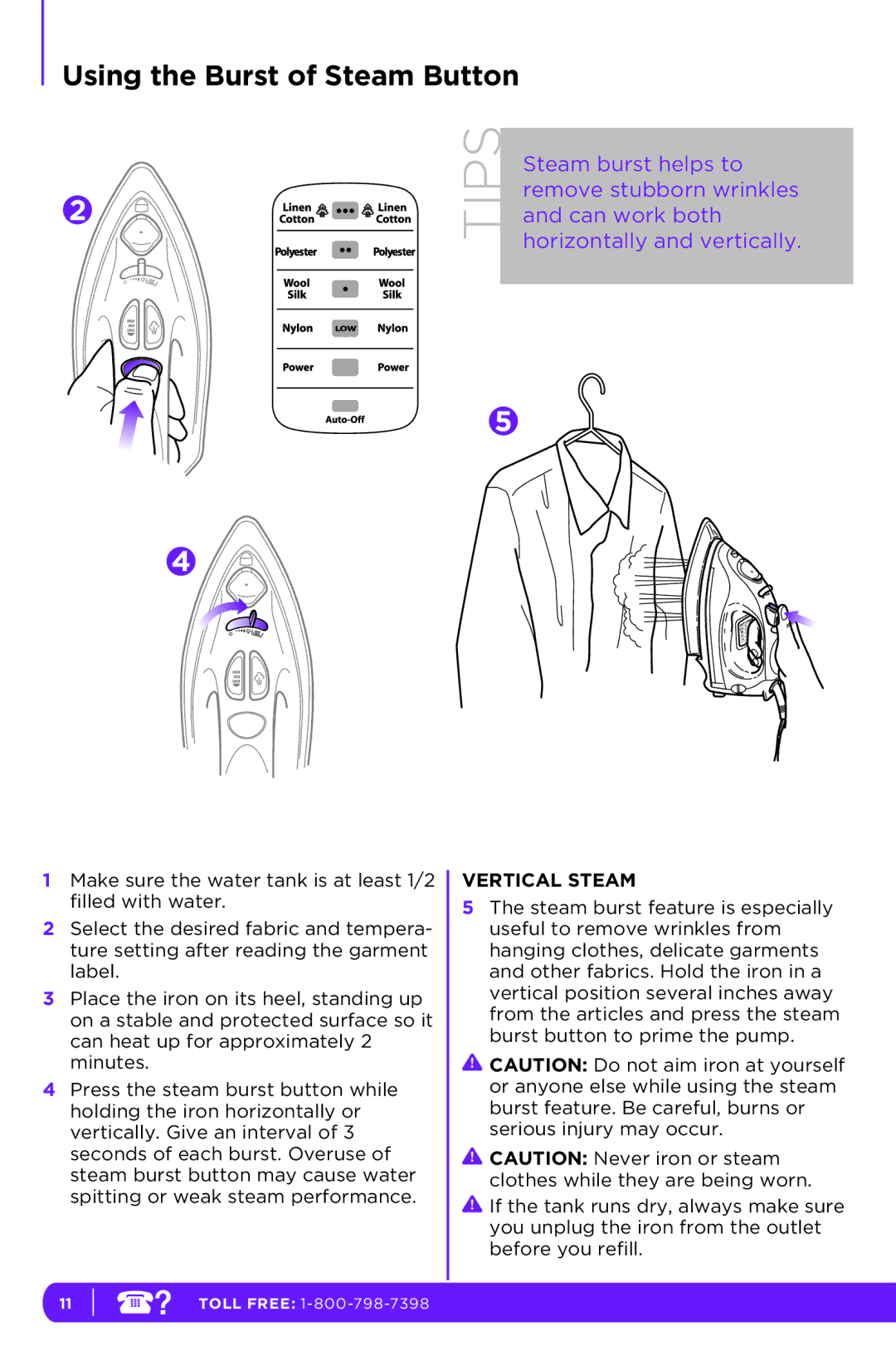 Shark GI468N 10, GI468CN 10, GI468CN 12, GI468N 12 manual Using the Burst of Steam Button, Vertical Steam 