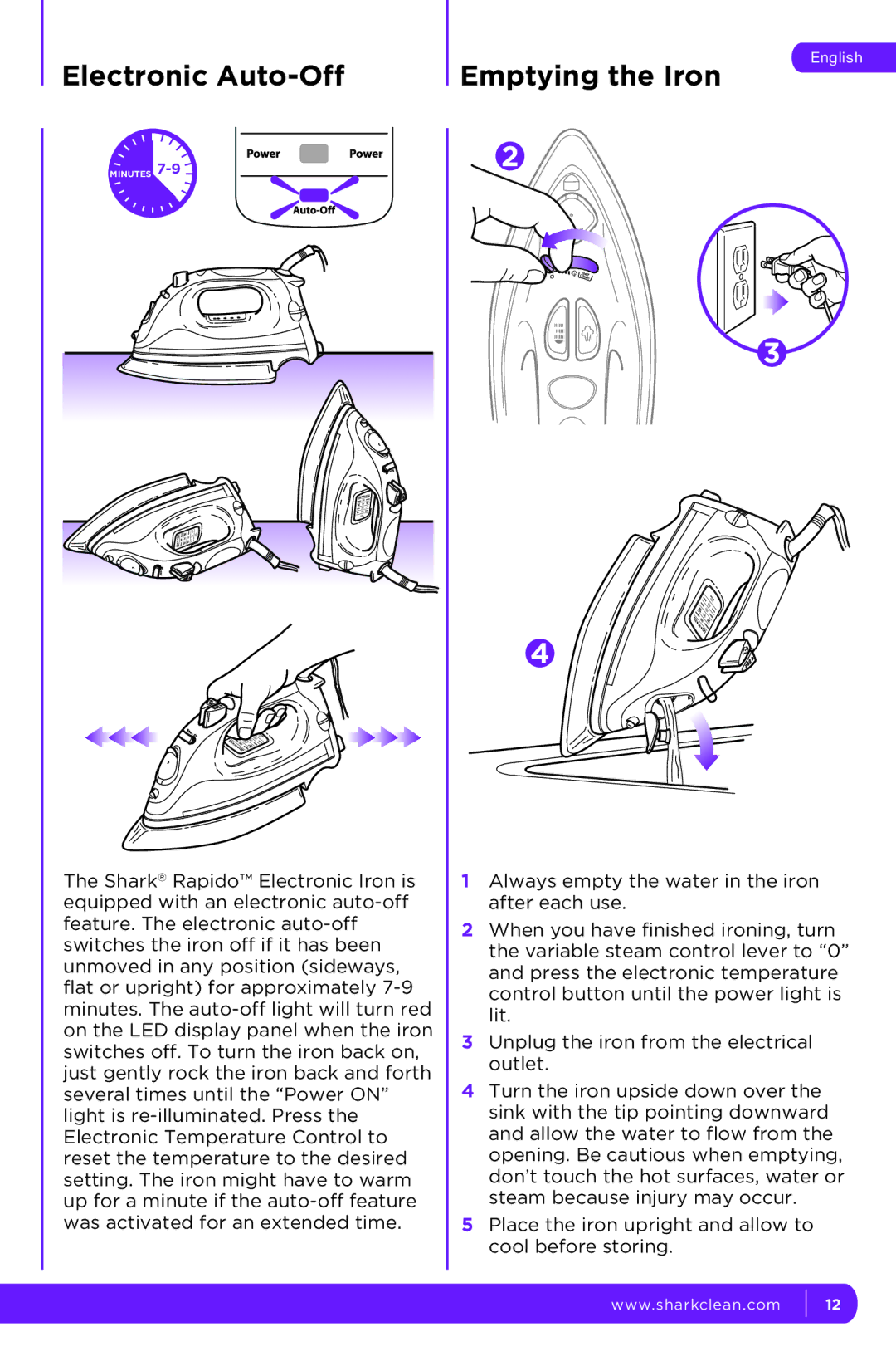 Shark GI468CN 10, GI468N 10, GI468CN 12, GI468N 12 manual Electronic Auto-Off, Emptying the Iron 