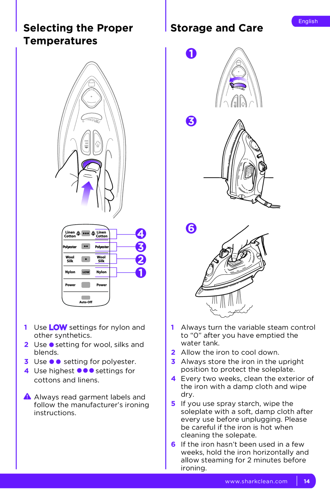 Shark GI468N 12, GI468N 10, GI468CN 10, GI468CN 12 manual Selecting the Proper Temperatures Storage and Care 