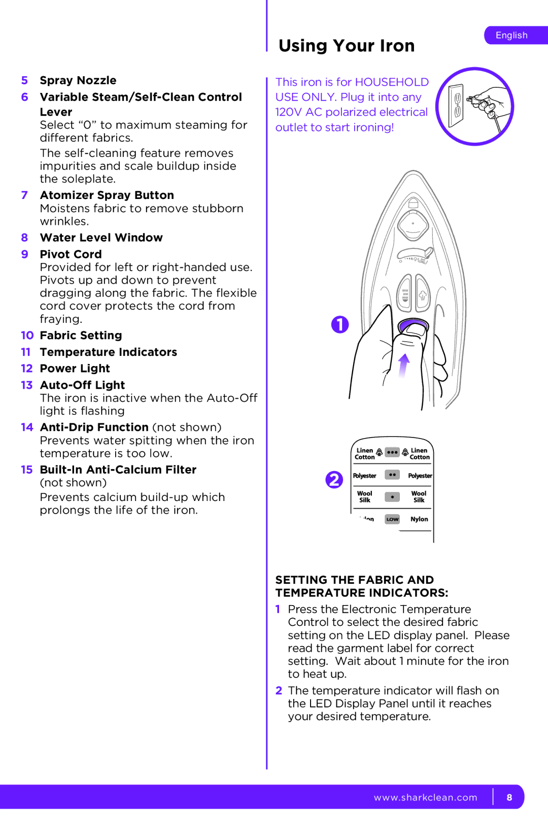 Shark GI468CN 10, GI468N 10, GI468CN 12, GI468N 12 manual Using Your Iron, Setting the Fabric Temperature Indicators 