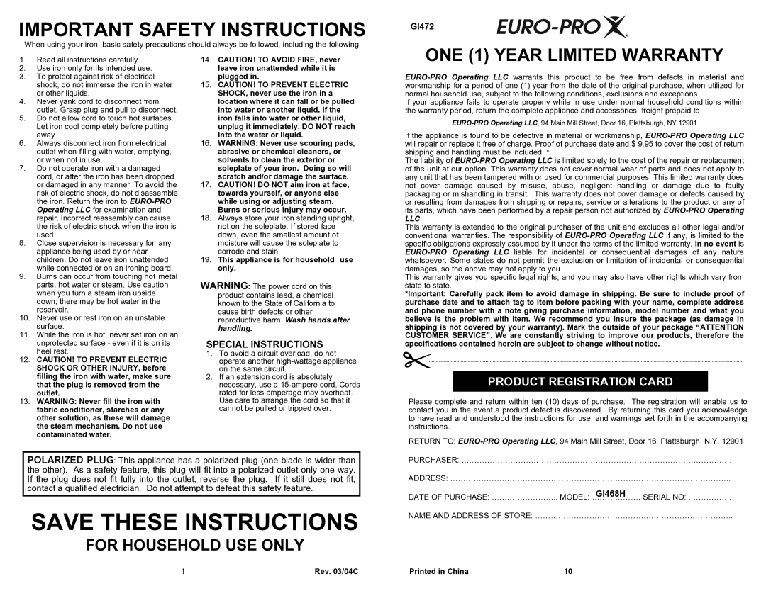 Shark GI472 owner manual Product Registration Card, Special Instructions, GI468H 