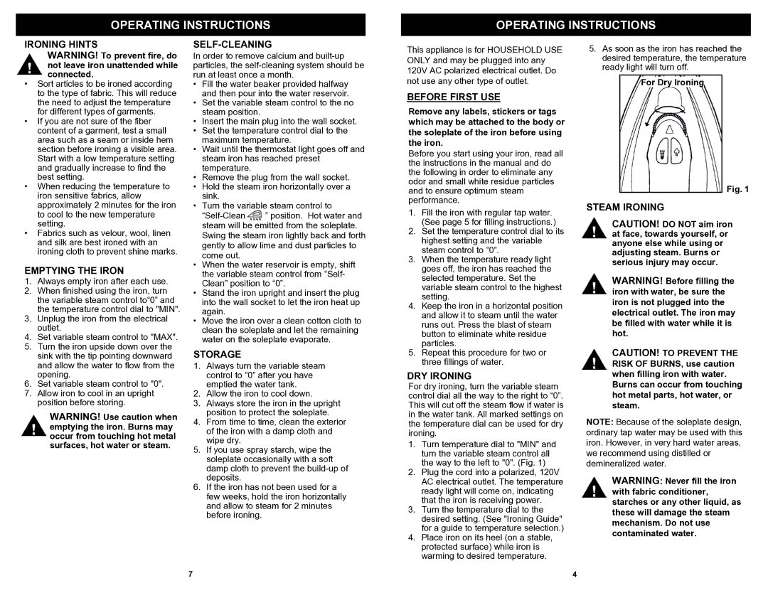 Shark GI472 owner manual Operating Instructions 