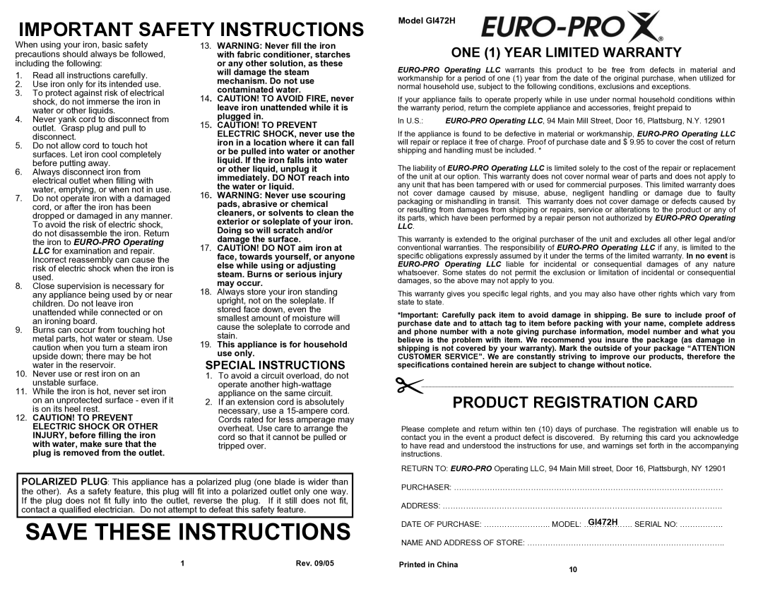 Shark owner manual Special Instructions, Model GI472H, This appliance is for household use only 