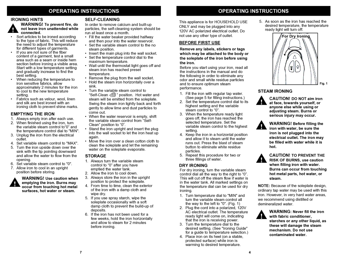 Shark GI472H owner manual Operating Instructions 