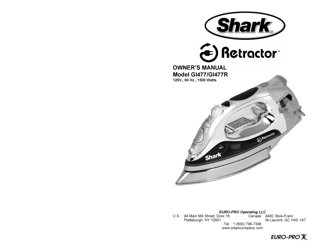 Shark owner manual Model GI477/GI477R, 120V., 60 Hz., 1500 Watts 