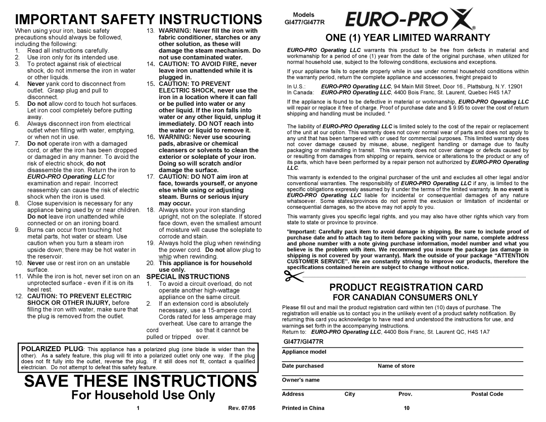 Shark owner manual For Canadian Consumers only, Models GI477/GI477R, This appliance is for household use only 