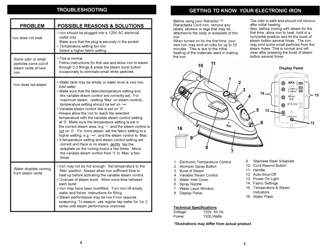 Shark GI477R owner manual Getting to Know Your Electronic Iron, Problem Possible Reasons & Solutions, Display Panel 