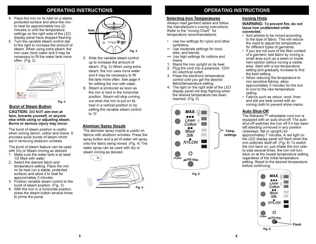 Shark GI477R owner manual Atomizer Spray Nozzle, Selecting Iron Temperatures, Ironing Hints, Auto Shut-Off 