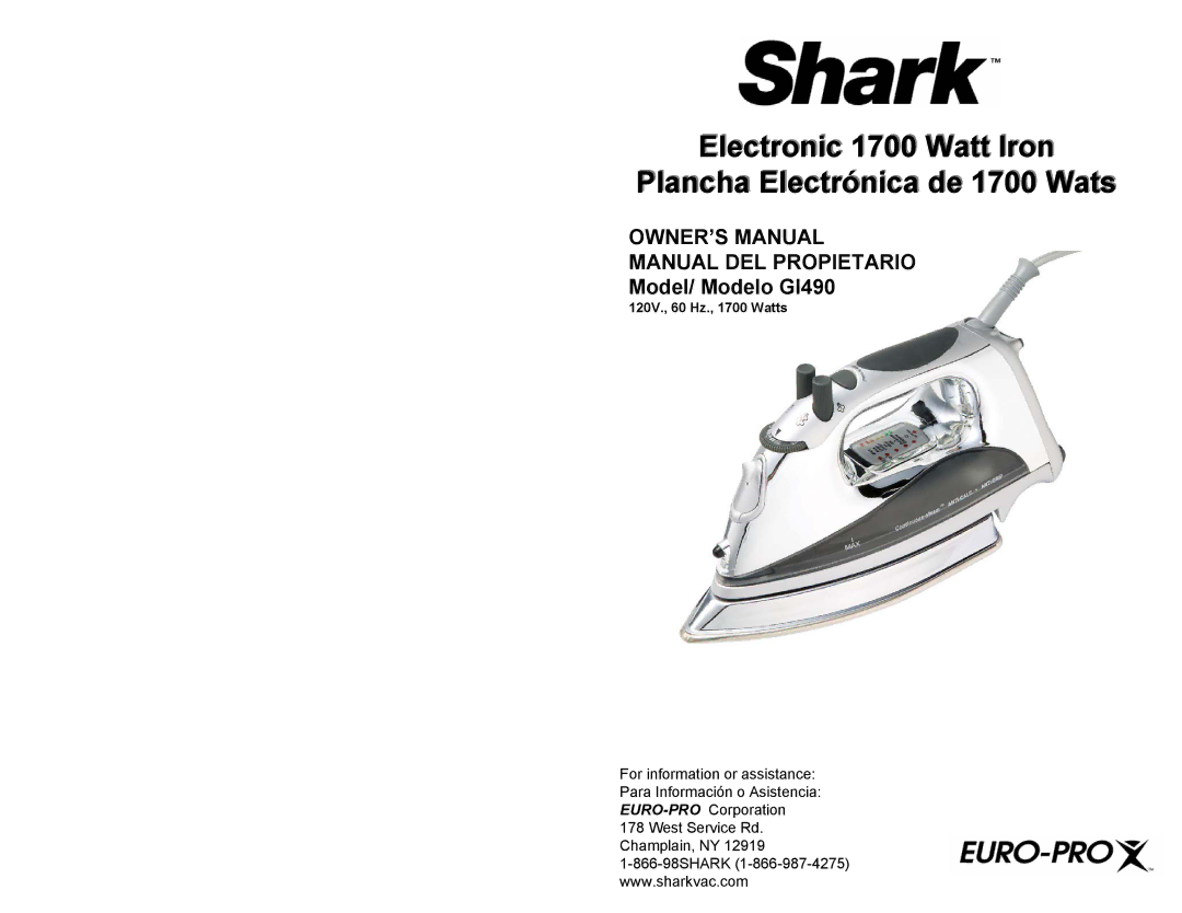 Shark GI490 owner manual Electronic 1700 WattWatt IronIron, Manual DEL Propietario 