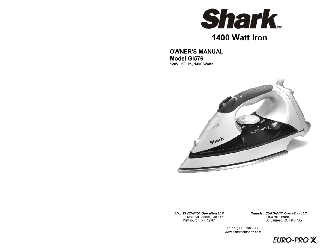 Shark GI576 owner manual Watt Iron, 120V., 60 Hz., 1400 Watts 