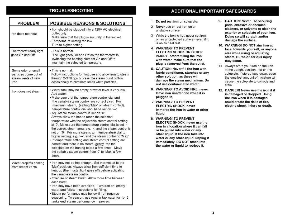 Shark GI576 owner manual Additional Important Safeguards, Problem Possible Reasons & Solutions 