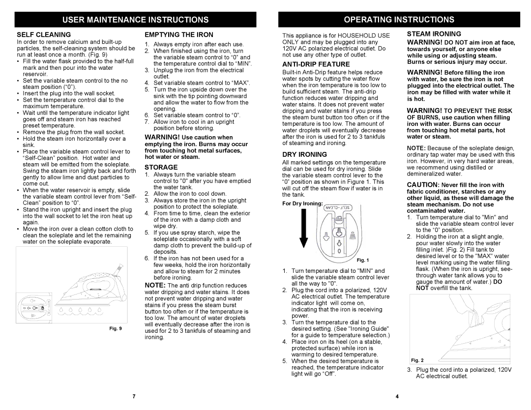 Shark GI576 owner manual User Maintenance Instructions Operating Instructions 