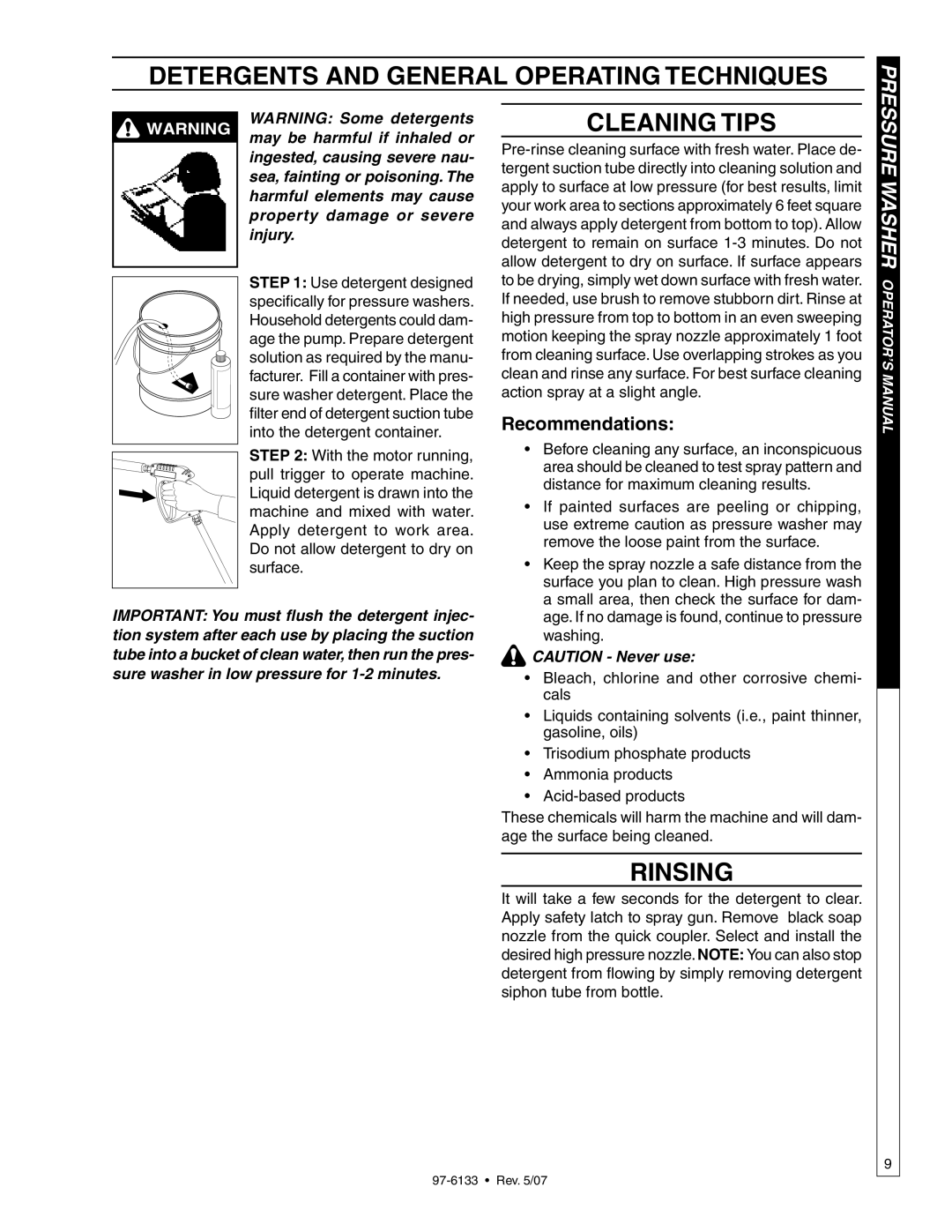 Shark HP-5030D manual Detergents and general operating techniques, Cleaning tips, Rinsing, Recommendations 