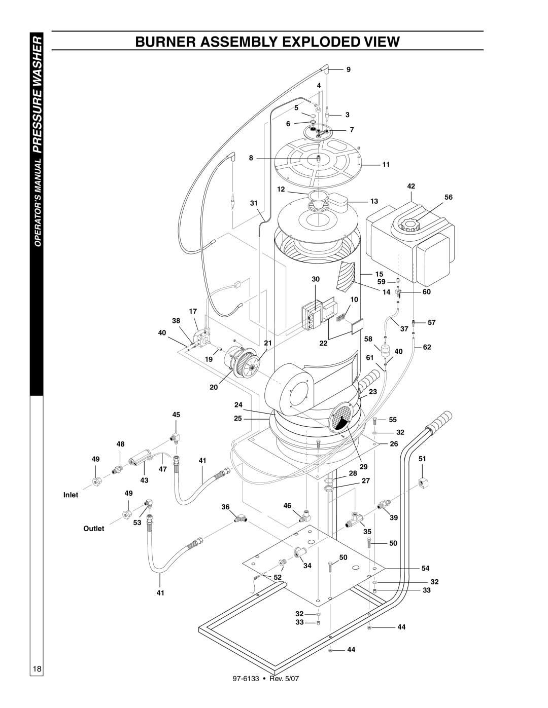 Shark HP-5030D Burner Assembly Exploded View, Washer, Operator’S Manual Pressure, 1356, 2122, 4525, Inlet49, Outlet, 3646 