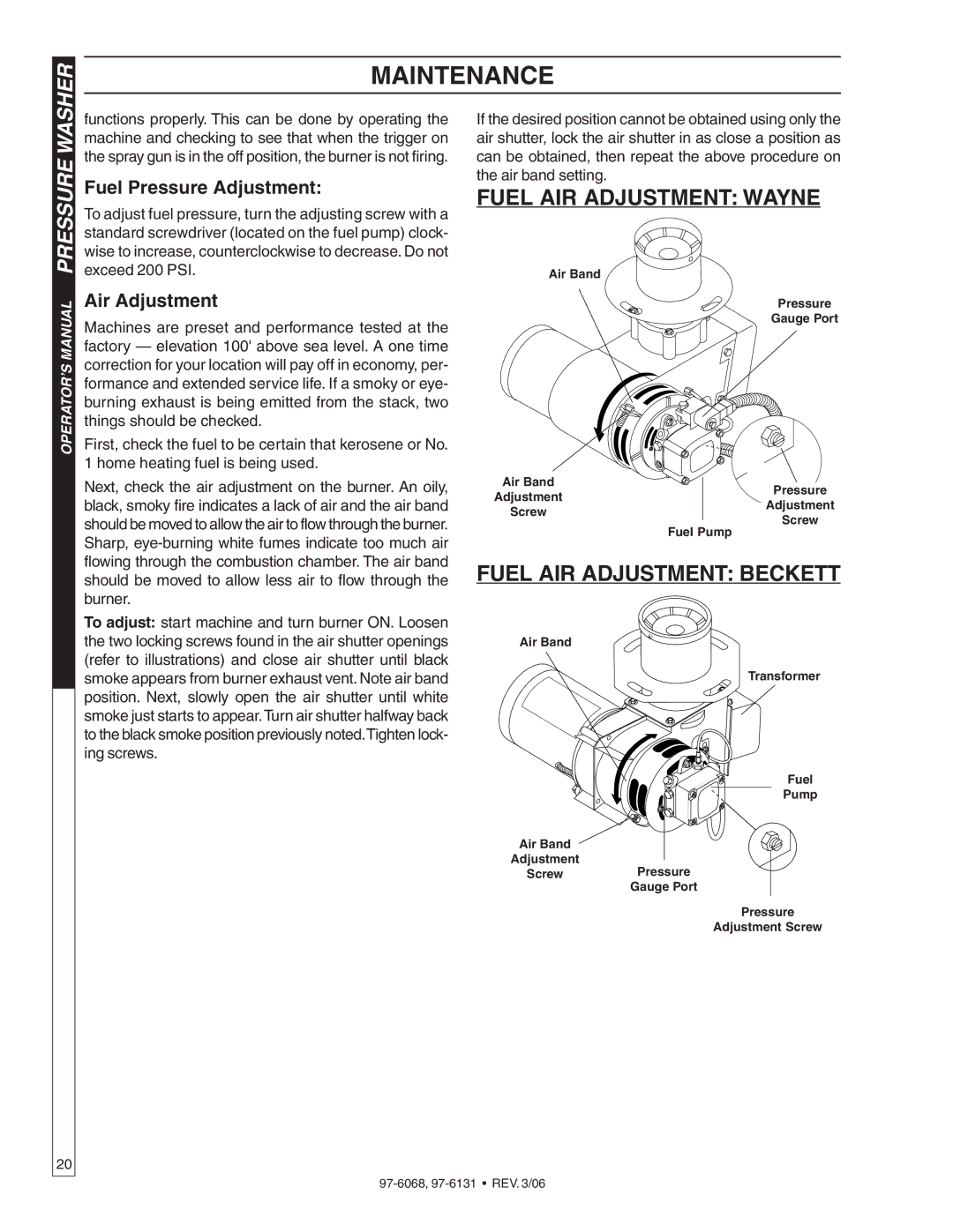 Shark HPB-2011, HPB-3520, HPB-4020, HPB-3530 manual Fuel Pressure Adjustment, Air Adjustment 