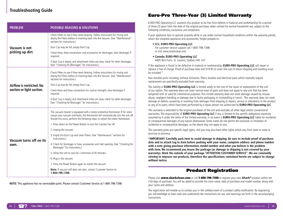 Shark LA400 manual Troubleshooting Guide, Euro-Pro Three-Year 3 Limited Warranty, Product Registration 