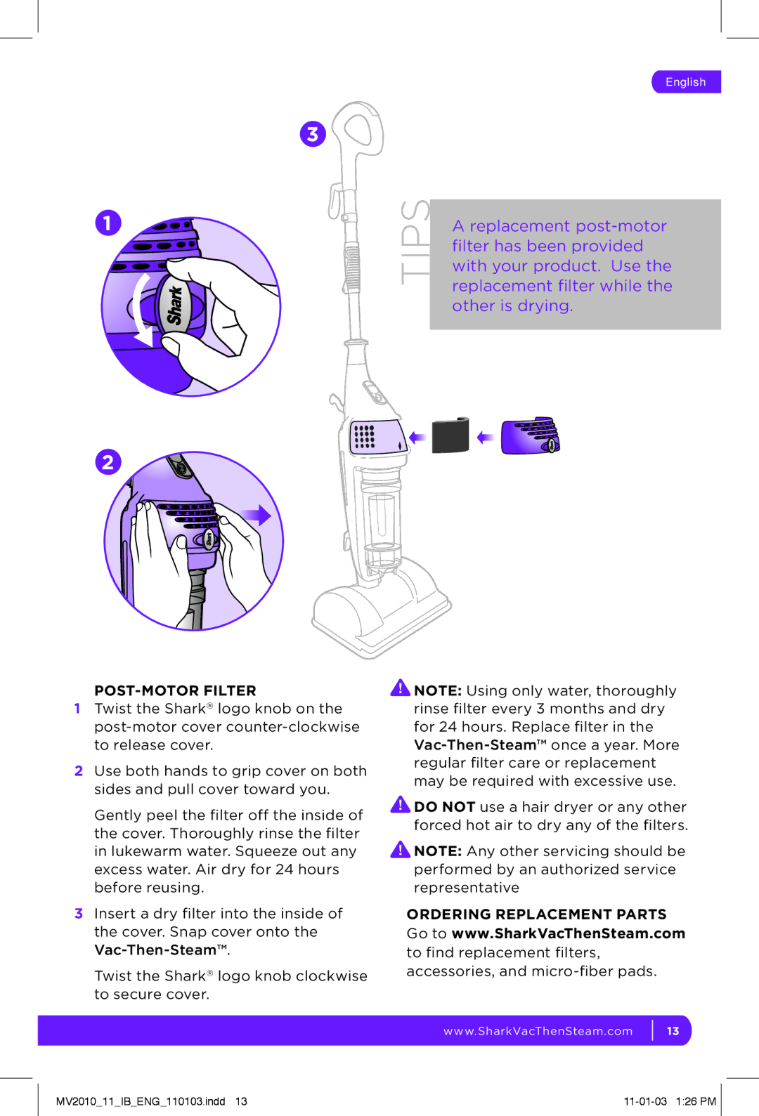 Shark MV2010 manual POST-MOTOR Filter 