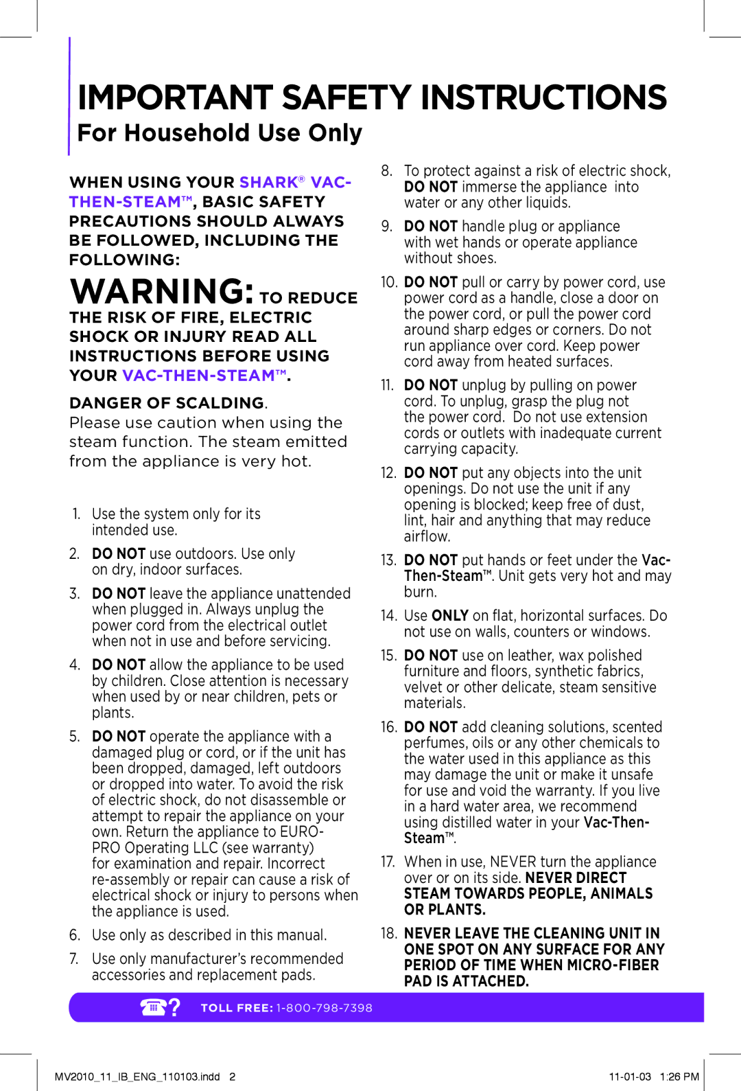 Shark MV2010 manual Important Safety Instructions 