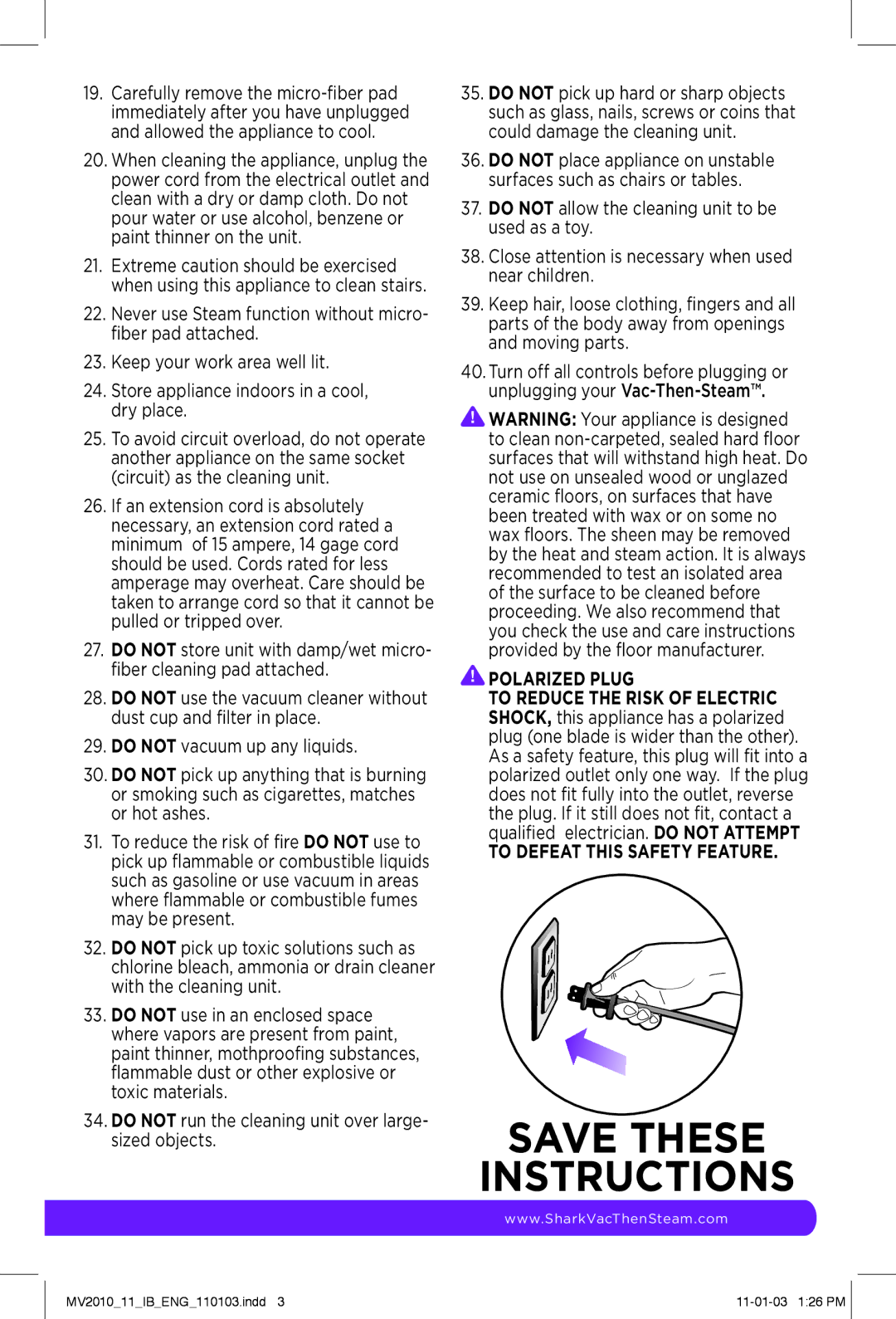 Shark MV2010 manual Save These Instructions 