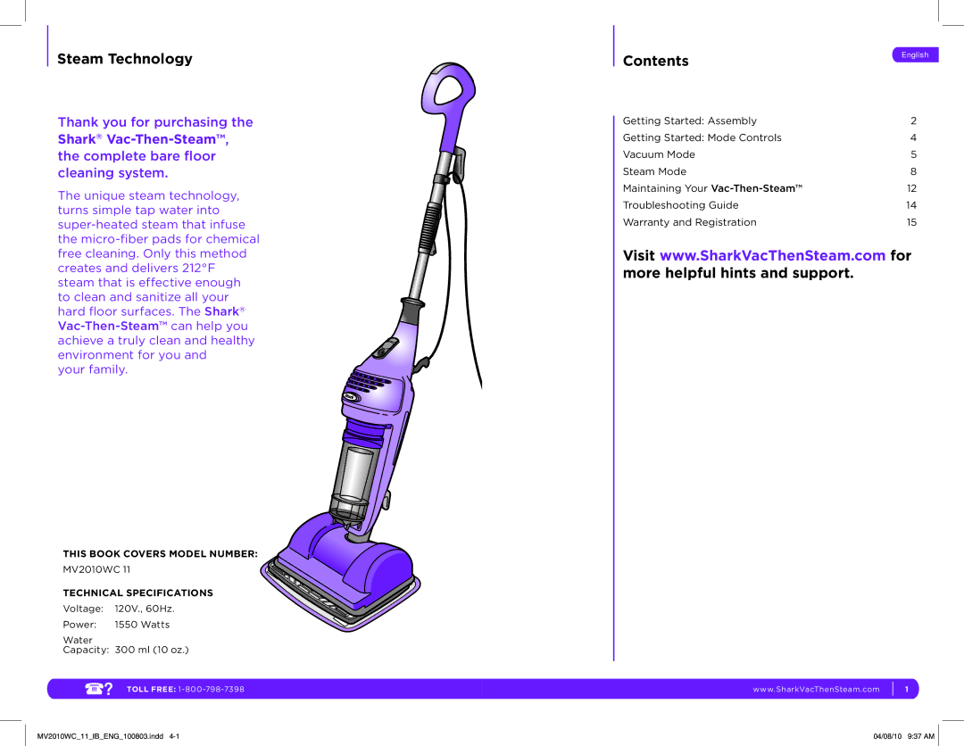 Shark MV2010WC manual Contents 